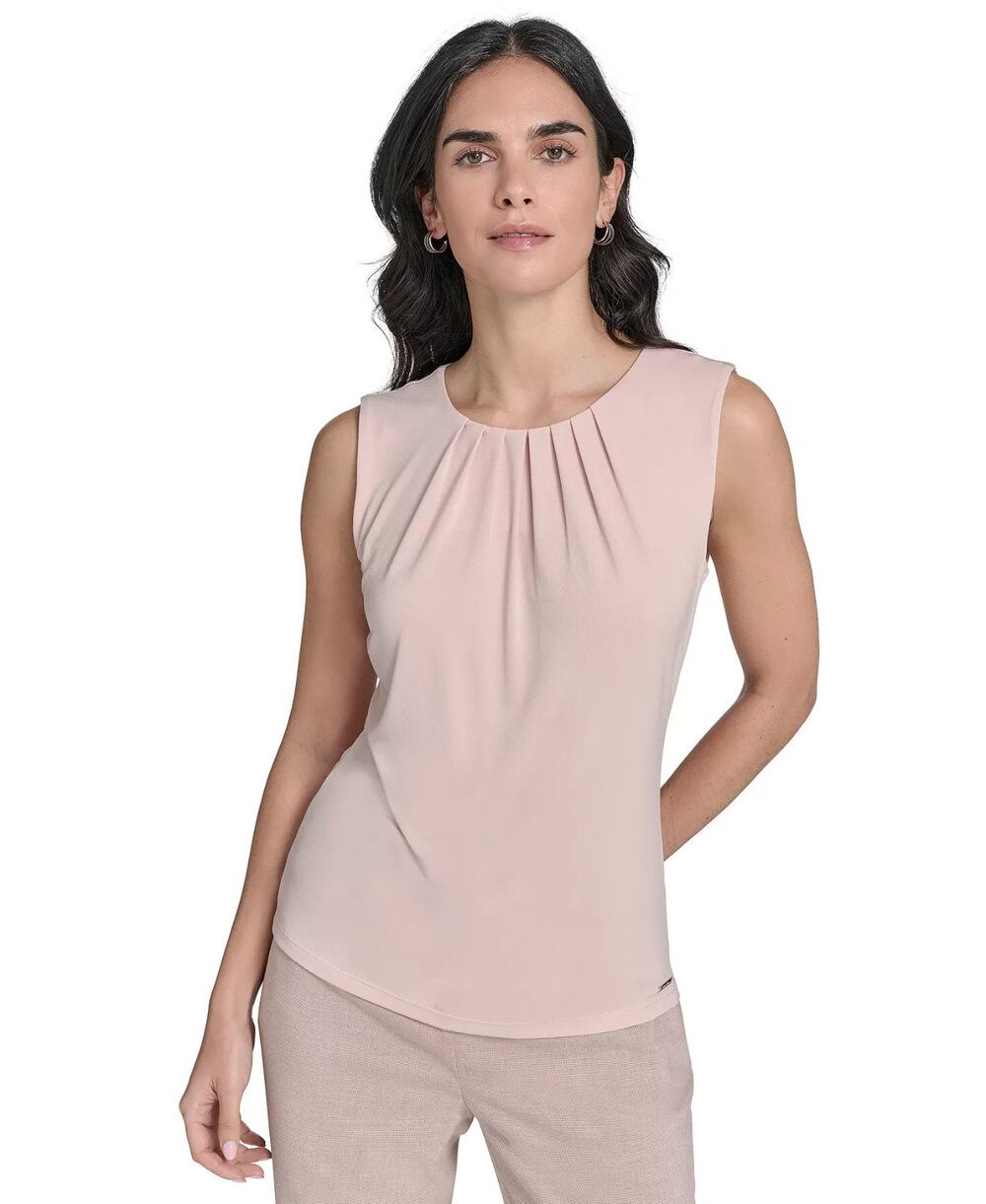 Calvin Klein Top Women Medium Taupe Knit Pleat-Neck Sleeveless Modest Preppy NWT